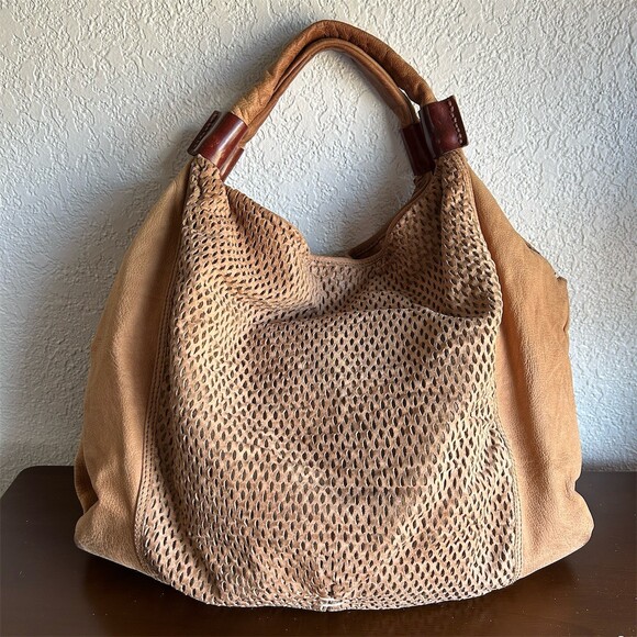 49 Square Miles Nubuck Leather Slouchy Hobo Shoulder Bag Perforated Tan Tote - Picture 4 of 14